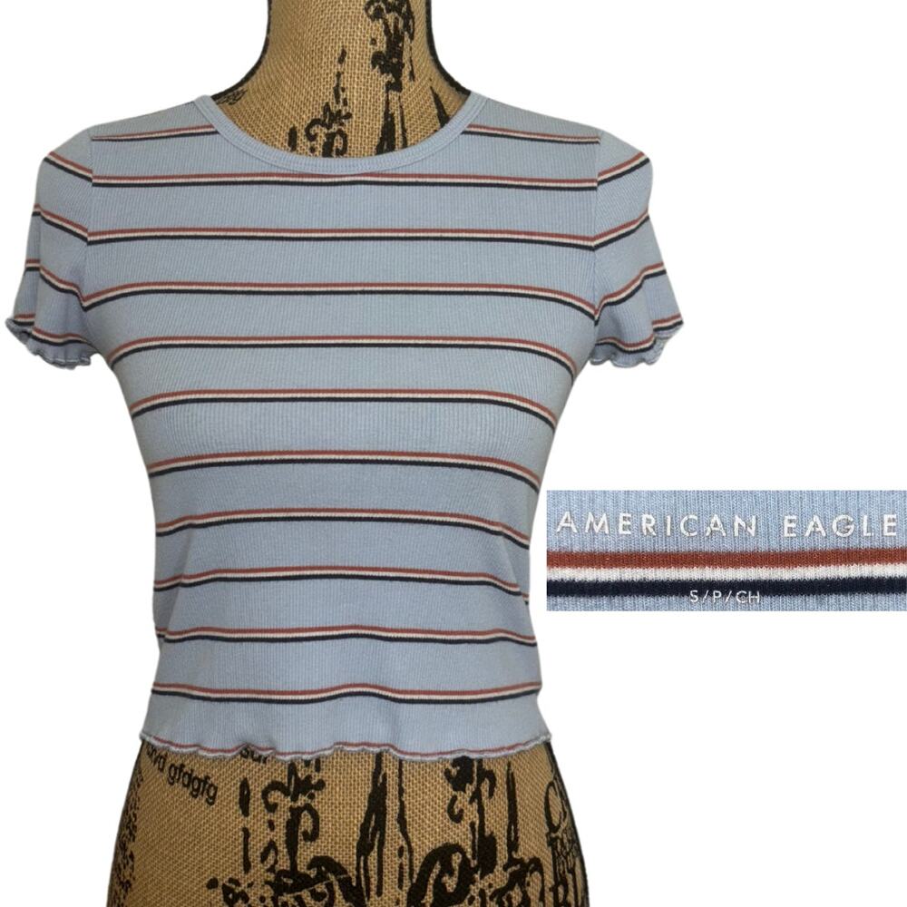 American Eagle Striped Ribbed Lettuce Hem Short Sleeve Crop Top Blue Size Small